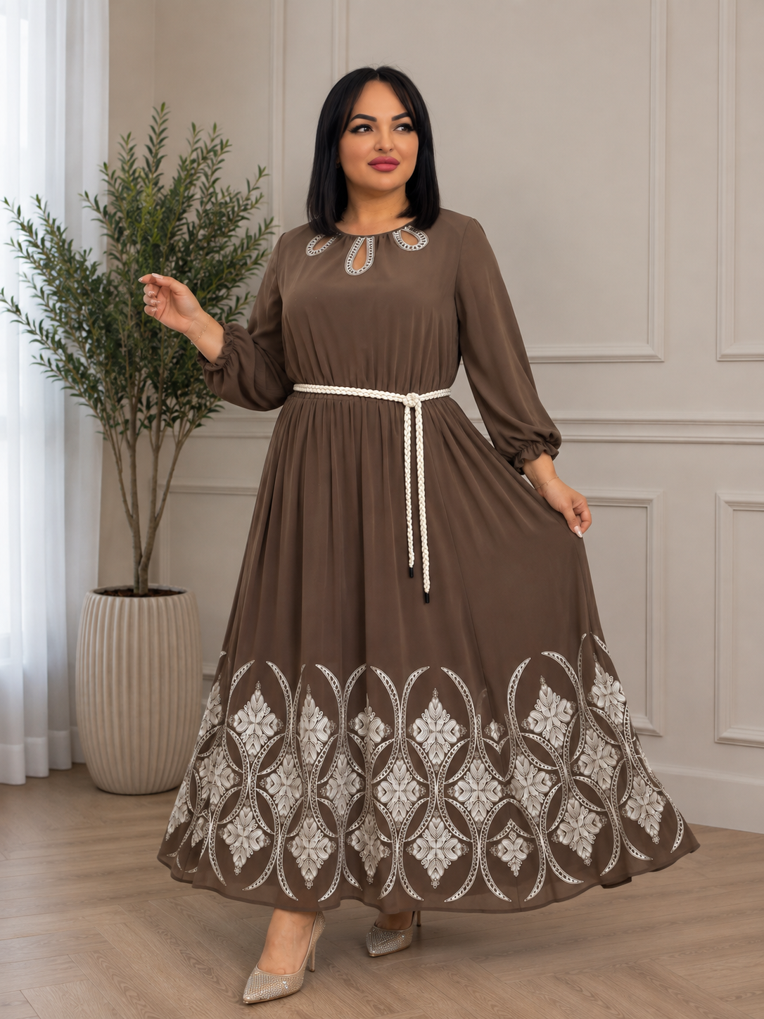 Mocha Embroidered  Dress