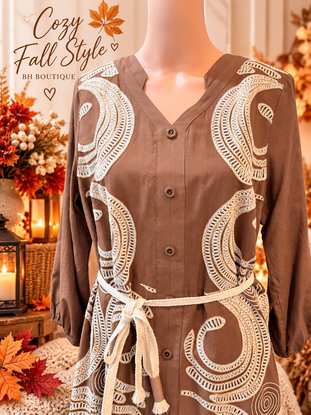 Mocha Button-Front Embroidered Dress