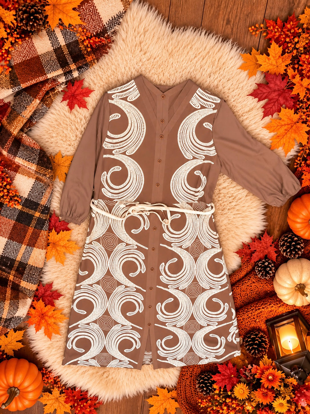Mocha Button-Front Embroidered Dress