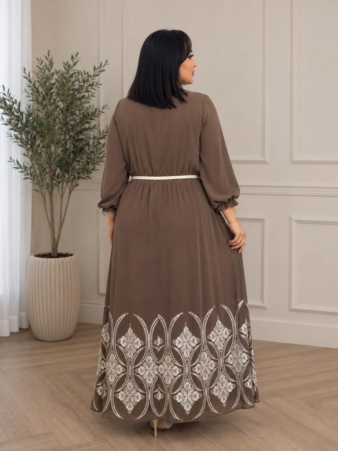 Mocha Embroidered  Dress