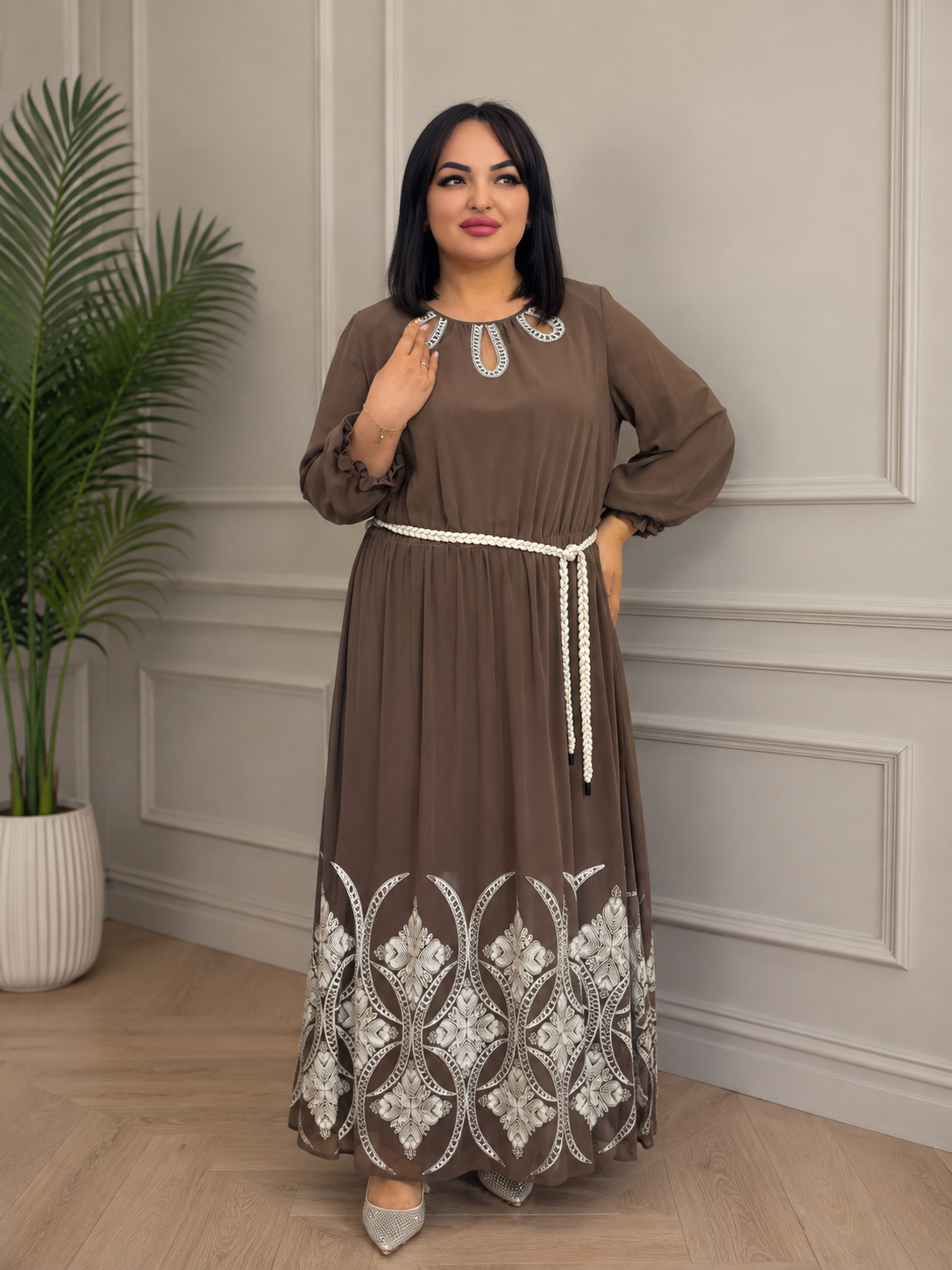 Mocha Embroidered  Dress