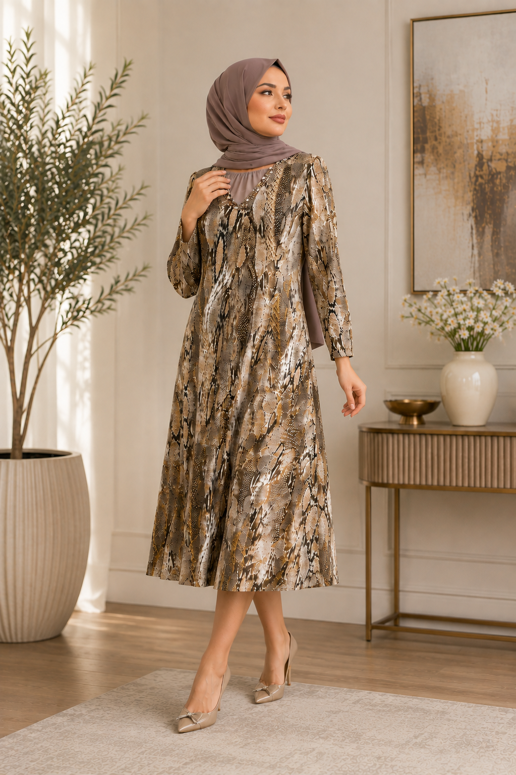 Golden Python Midi Dress