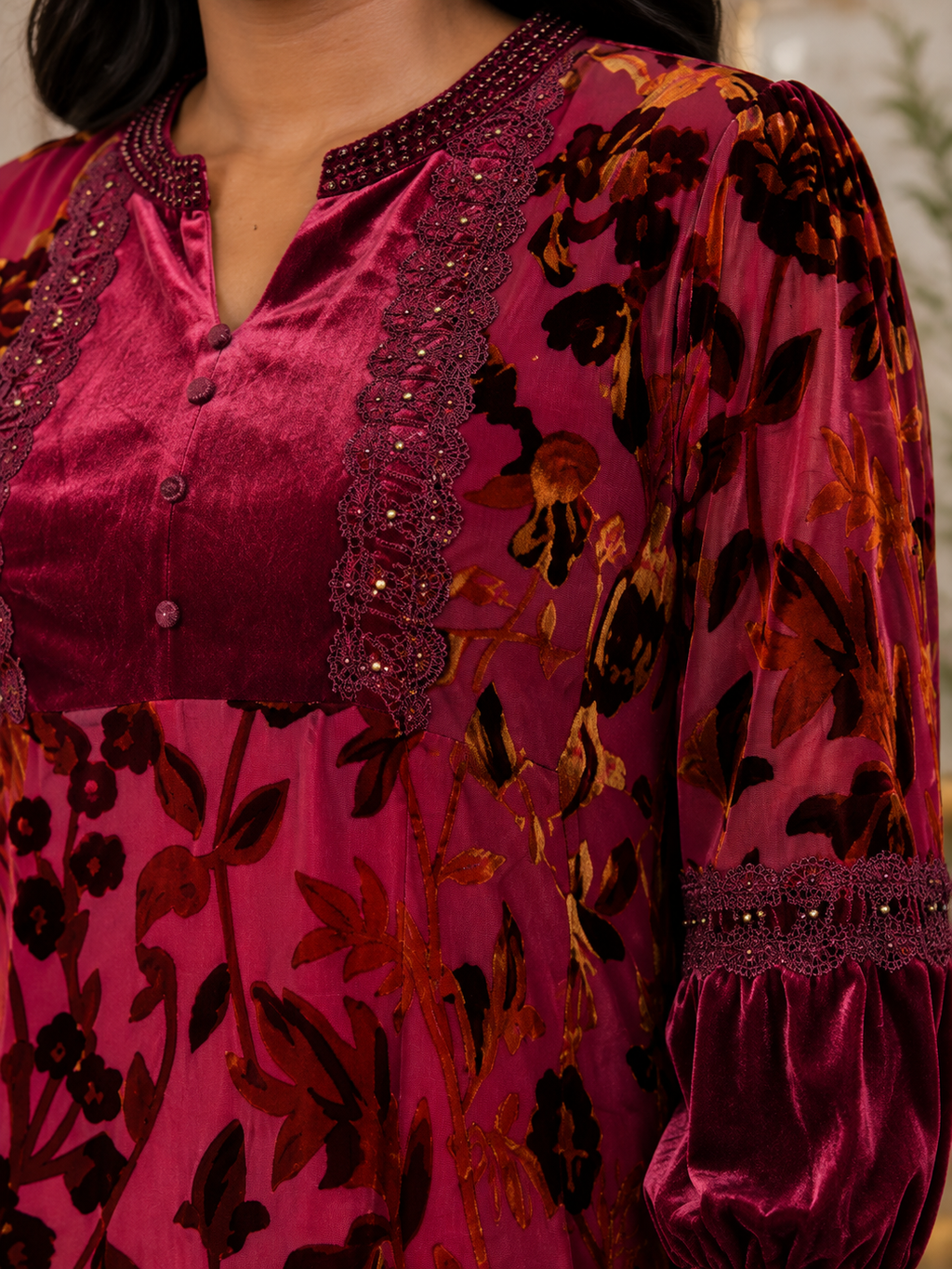 Burgundy Floral Velvet Midi Dress