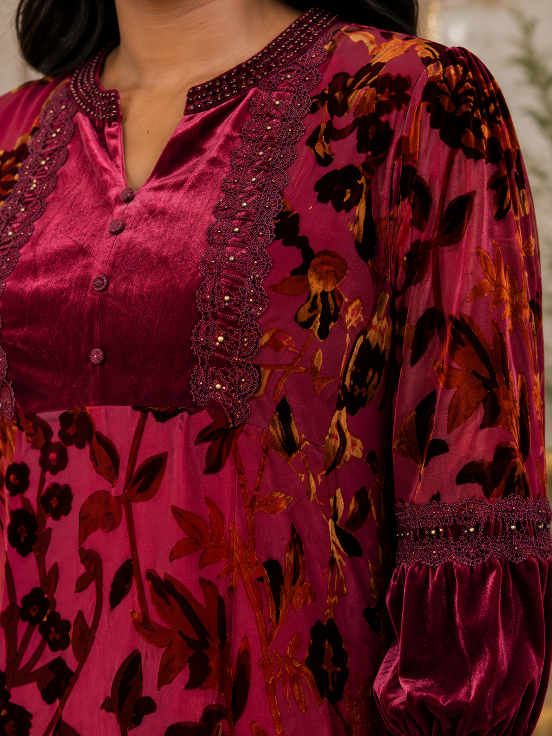 Burgundy Floral Velvet Midi Dress