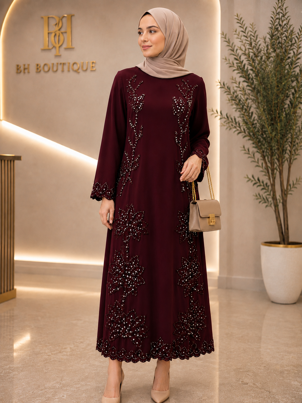 Burgundy Bloom Beaded Midi Dress