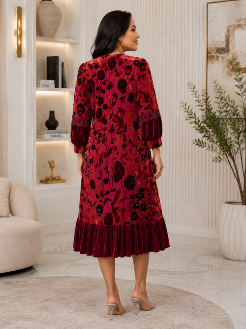 Burgundy Floral Velvet Midi Dress