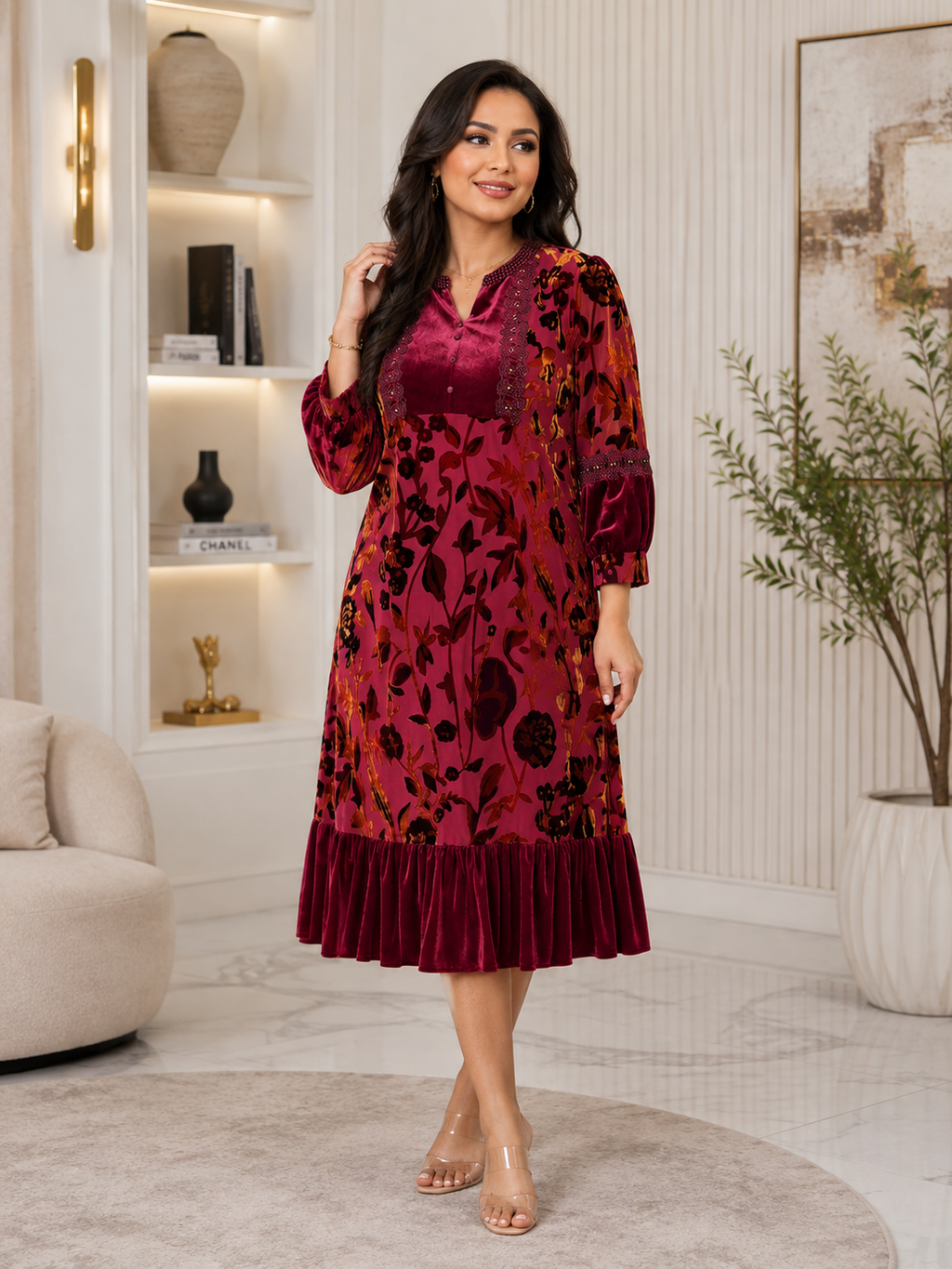 Burgundy Floral Velvet Midi Dress