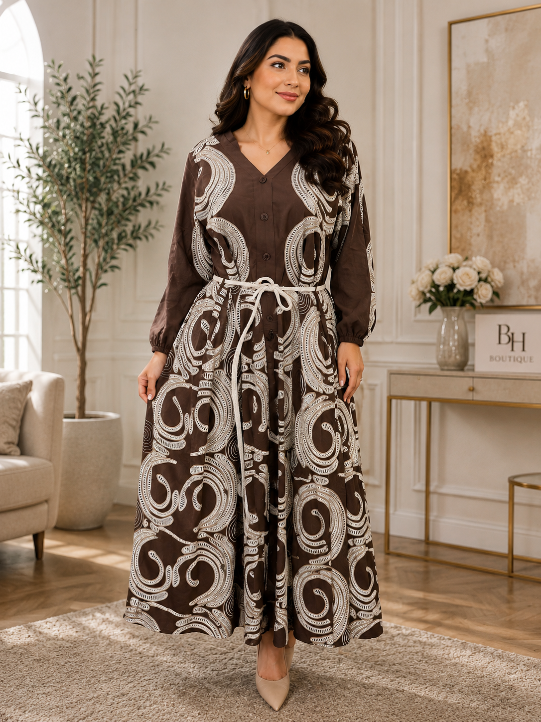 Mocha Button-Front Embroidered Dress by BH Boutiques