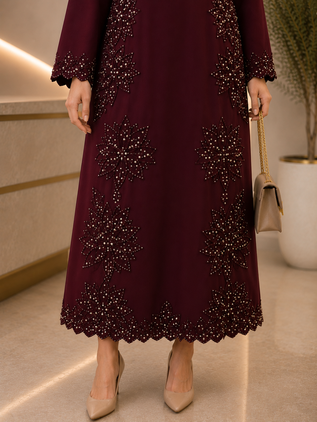 Burgundy Bloom Beaded Midi Dress