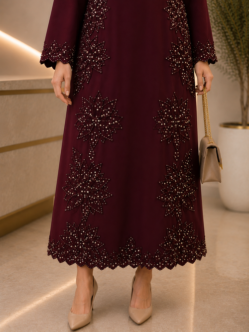 Burgundy Bloom Beaded Midi Dress
