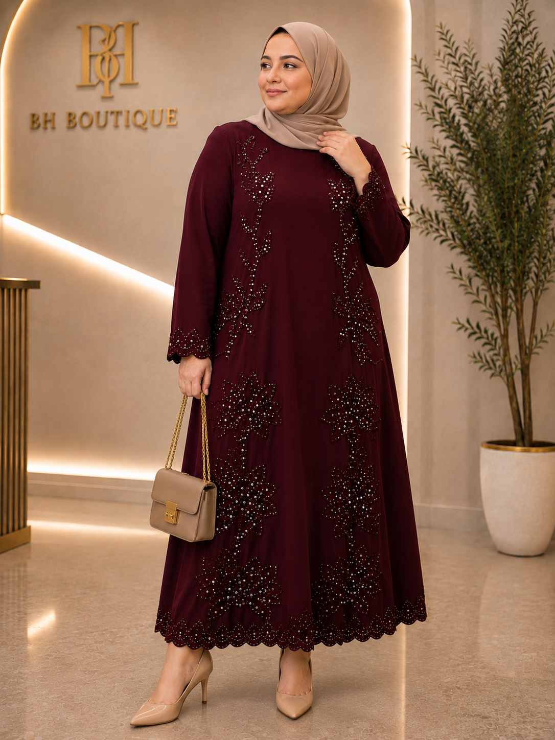 Burgundy Bloom Beaded Midi Dress