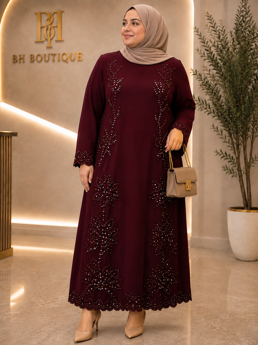 Burgundy Bloom Beaded Midi Dress