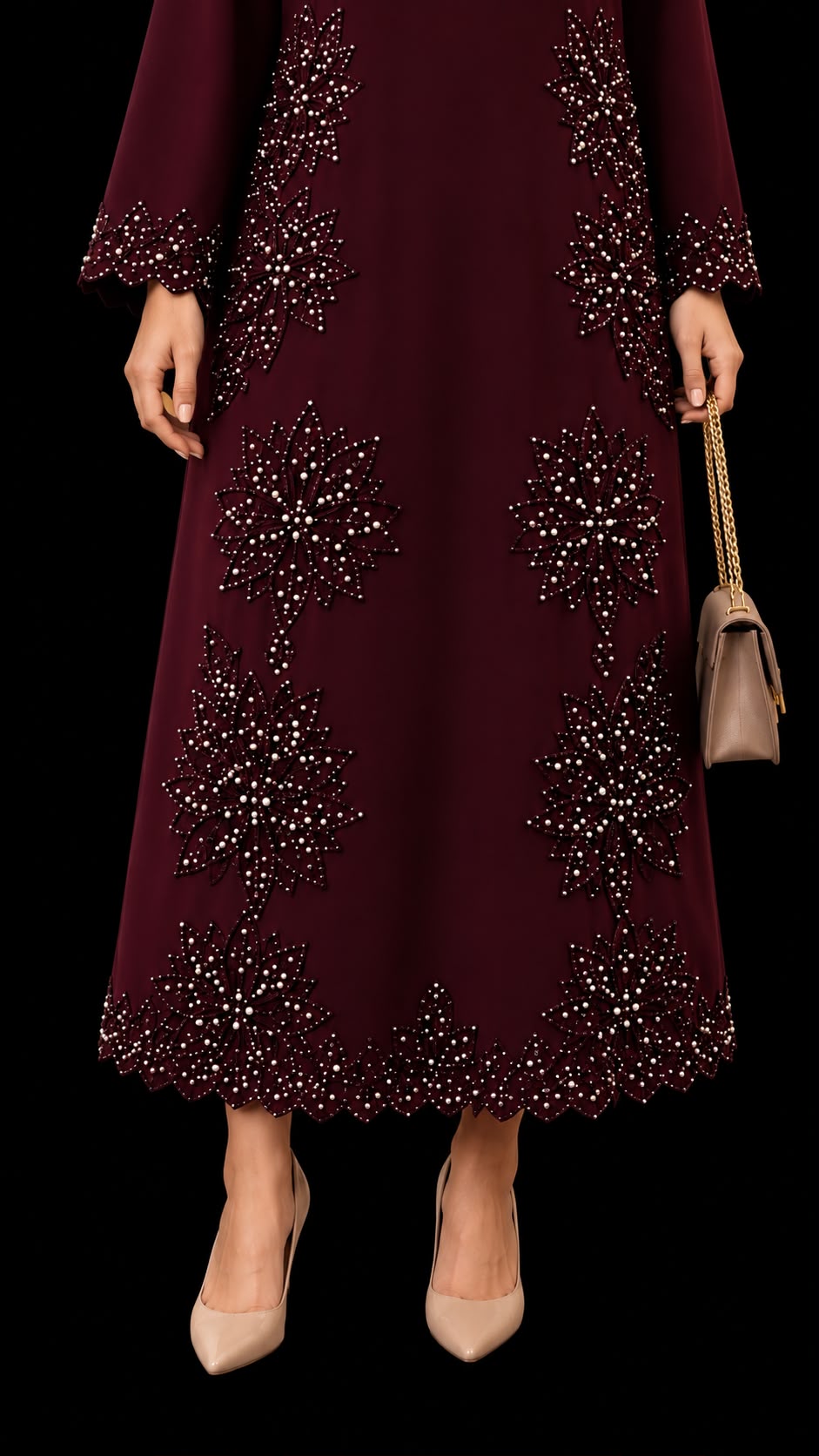 Burgundy Bloom Beaded Midi Dress
