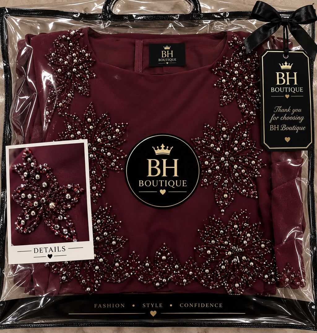 Burgundy Bloom Beaded Midi Dress