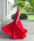 Flowing red silk evening dress