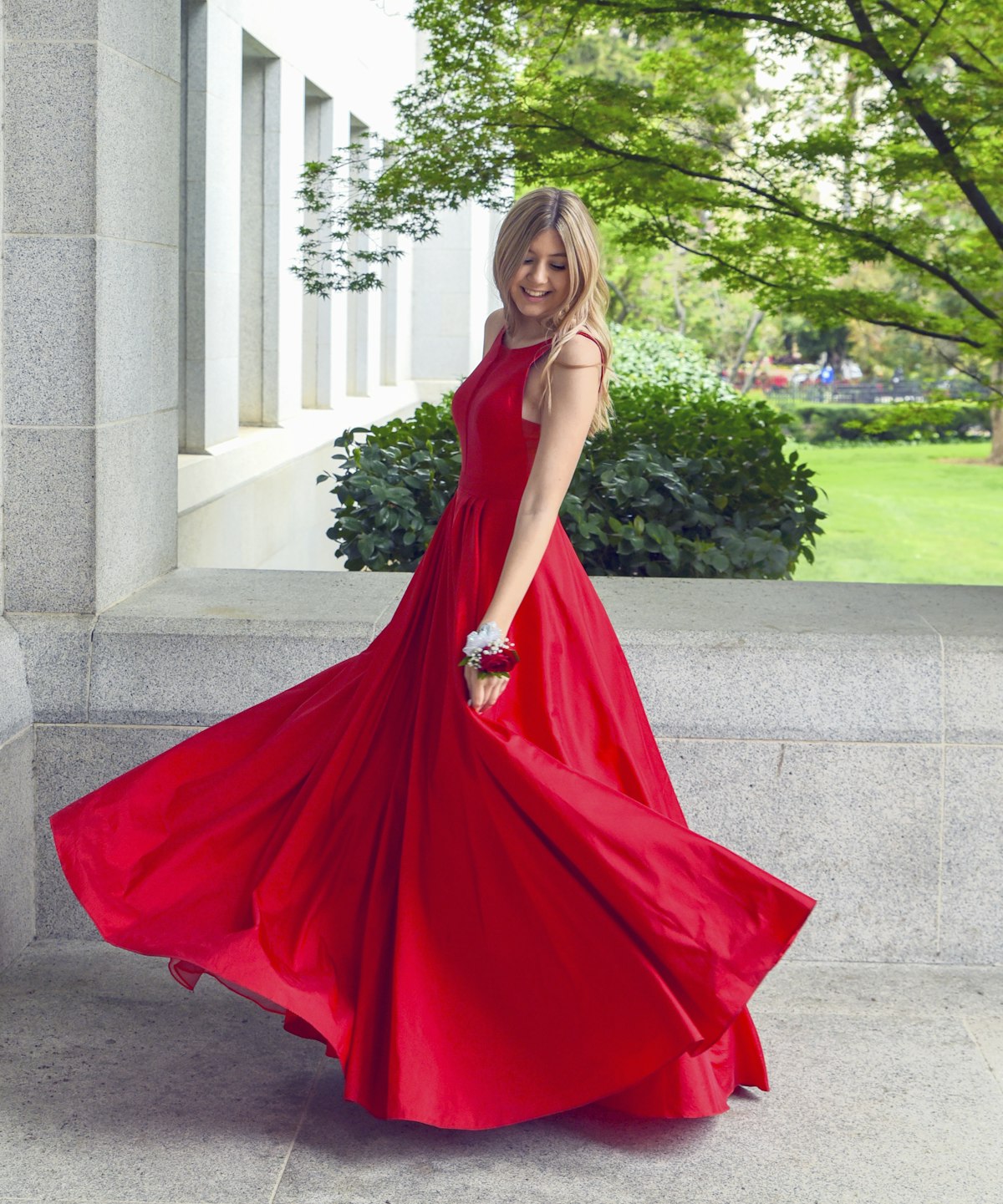 Flowing red silk evening dress