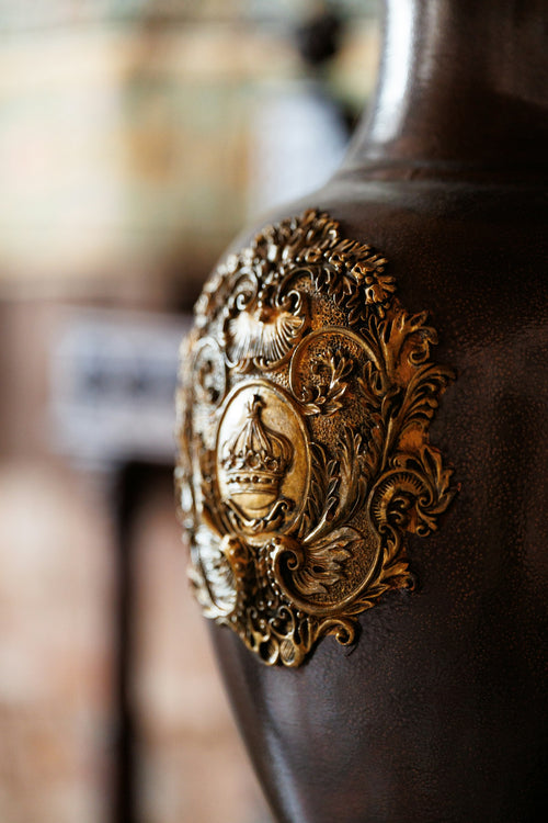 Antique dark vase with ornate brass crest detail